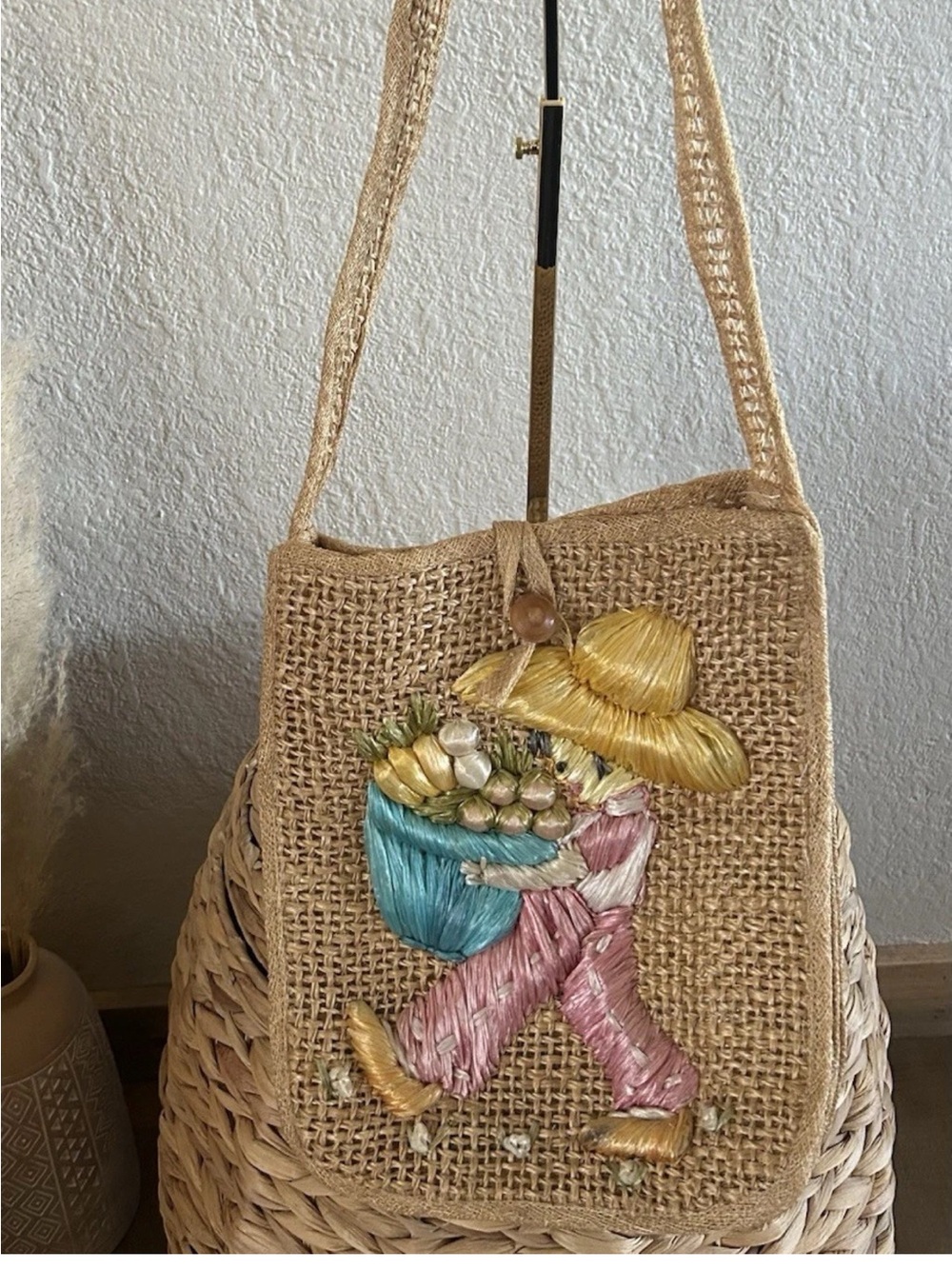 Vintage 1970s Raffia Straw Souvenir Purse 3D Character Fruit Basket Boho Tiki